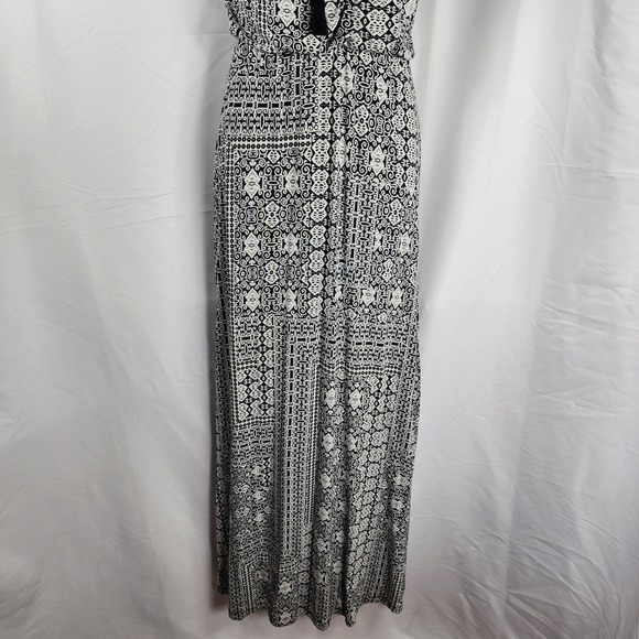 Womens Boho Geometric Maxi Halter Dress XS Festival Resortwear Black White Beach - Picture 6 of 13